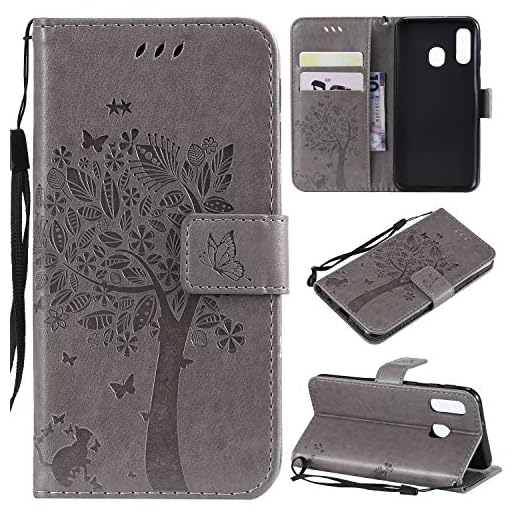 Zchen Funda Samsung Galaxy A40, Funda Piel con Tapa Suave TPU y Cuero de PU Tipo Libro Billetera Resistente a los Golpes Carcasa para Samsung Galaxy A40 (Gato-Gris)