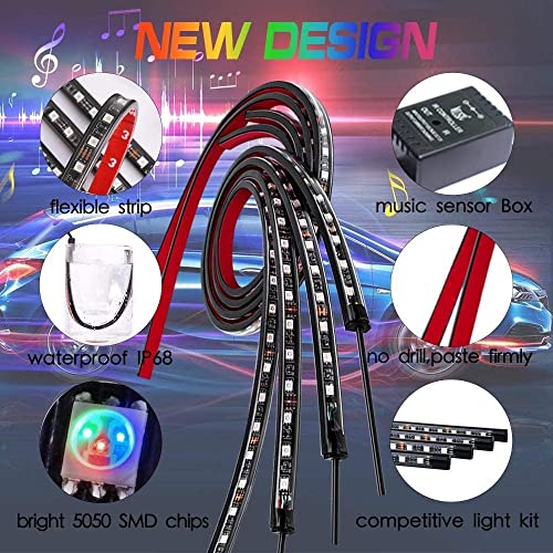 Car Underglow Neon Accent Strip Lights Kit 8 Color Sound Active Function And Wireless Remote Control 4 Pcs Led Underbody System Light Strips,Dc12V, Waterproof Under Car Lights (2×47Inch+2×35Inch) #TOP4
