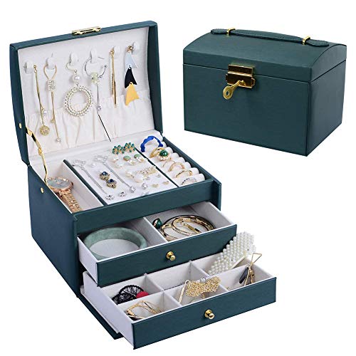 Pineocus Boîte à Bijoux, Organisateur à Bijoux avec 2 Tiroirs, Coffre à Bijoux verrouillable Boîte de Voyage Portable, Doublure en Velours pour Bracelets, Boucles doreilles, Bagues, Colliers (Vert) Cover