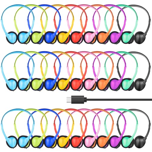 Écouteurs filaires USB C en lot de 30 pour école et salle de classe avec couleurs mixées