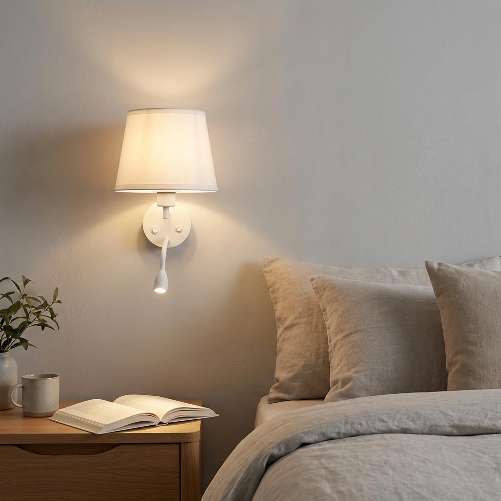 BARCELONA LED Grande Applique Murale LED avec Abat-jour Tissu Blanc et Spot Lecture Flexible 3W Double Lumière E27, Lampe Tête de Lit Chambre, Style Moderne Vintage Industriel Intérieur IP20