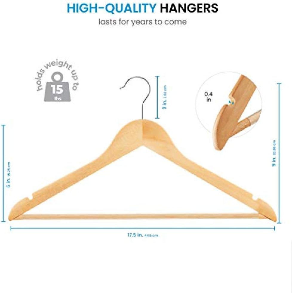 High-End Multi-Functional Durable Wooden Suit Hanger with Non-Slip Pants Smooth Surface Solid Wood Hanger, 360° Swivel Hook and Precision Cut 20 Pack ()