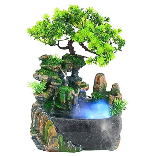 Indoor Tabletop Water Fountain, Home Desktop Waterfall with Atomizer LED Light Polyresin Decoration Waterfall Decor Ornament Meditation Fountain for Office Relaxation