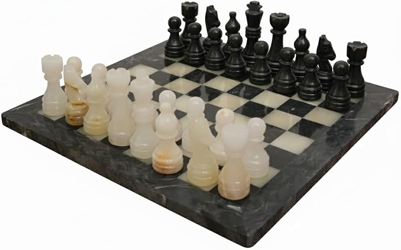 Marble Chess Set with Board and Storage Box - Handcrafted Stone Chess Board with Marble Chess Pieces, 12x12 Inch Chess Sets for Adults, Home Decor (Black and Onyx)