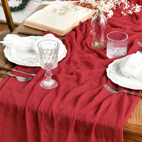 Artoid Mode Boho Red Gauze 6 Pieces Wedding Table Runner, 120 Inch Birthday Fabric Kitchen Dining Holiday Table Decor for Home Party Indoor by Artoid Mode - Used condition - US$10.09