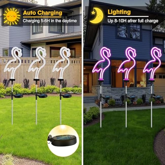 Retisee 6 Pcs Flamingo Solar Stake Lights Pink Flamingo Outdoor Lights Bulk Neon Lights Decoration LED Solar Powered Lighting for Lawn, Garden, Flower Bed, Yard, Pathway
