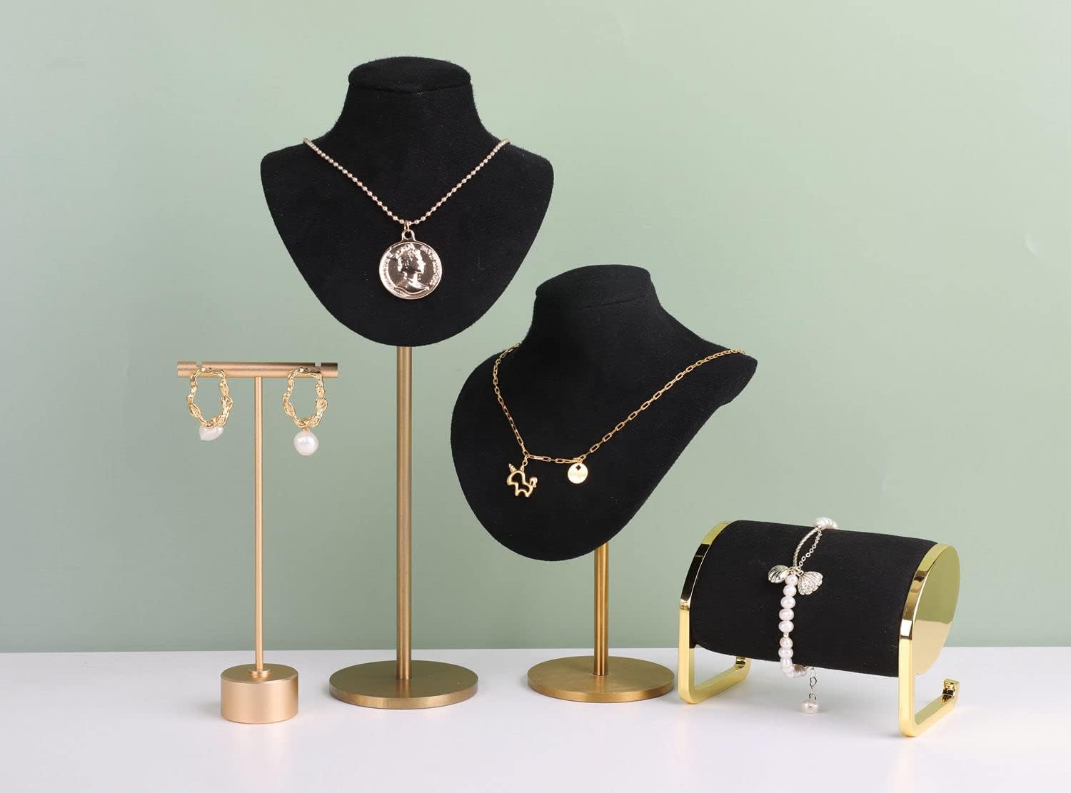 GemeShou Velvet necklace display stands for selling, Black jewelry bust holder, Gold metal necklace jewelry organizer【Black-Height 7.48 inch】