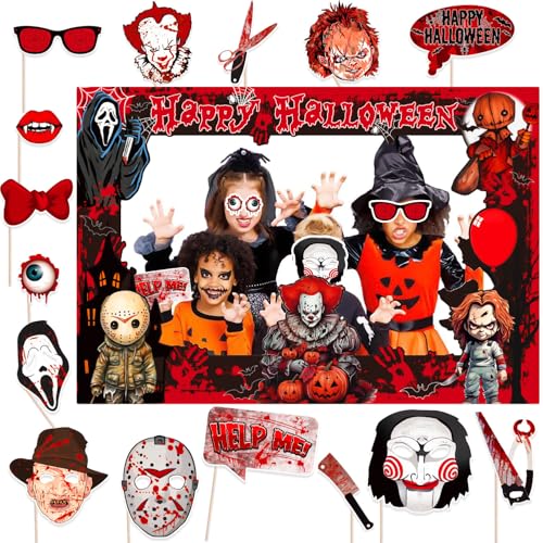 Favuit Halloween Photo Booth Props Kit, 16PCS Photo Props & Selfie Frame Halloween Party Decoration Supplies Dress Up Party Costumes Accessories for Photoshoot Selfie Props (Red)