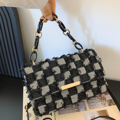 Checkered Jeans Flap Shoulder Bag Handbag with Chain Handle Adjustable Strap Denims Tassels Crossbody Purse for Women4