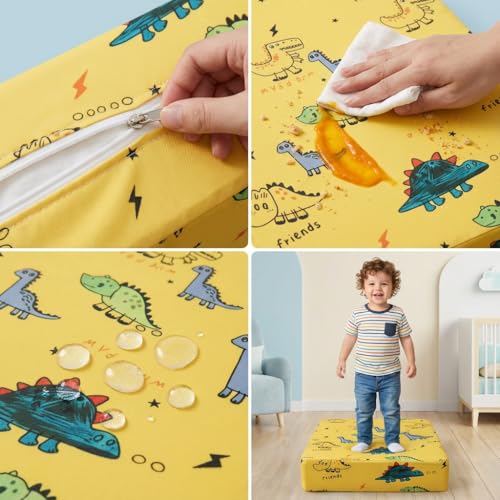 Image of Toddler Booster Seat for Kitchen Chair & Dining Table -Yellow Dino | Firm Support Booster Cushion with Easy-to-Clean Wipeable and Adjustable Straps,Portable Non-Slip Kids Booster Seat for Table
