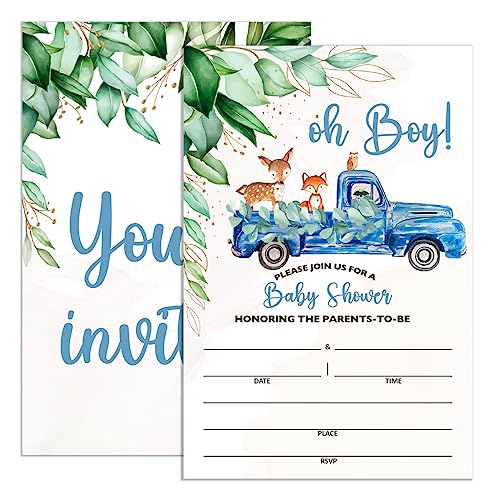 UDNADKEX Baby Shower Invitations for Boy Woodland Animal with Envelopes, Invites for Baby Showers Party Greenery, Truck Baby Shower Invite Cards, Oh Boy, 4