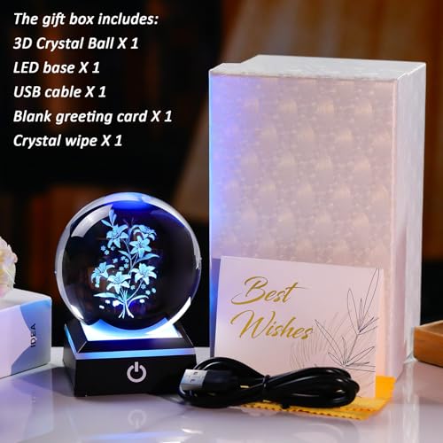 Image of 3D Crystal Ball Glass Lilys Flowers Home Decor Collectible Figurines Lamps for Bedrooms Artificial Lily Flower Gift for Crystals Lovers Women Etched Glass Night Light