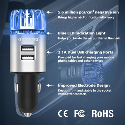 4WDKING JO-6291 Ionic USB Car Air Purifier, CARB Certified
