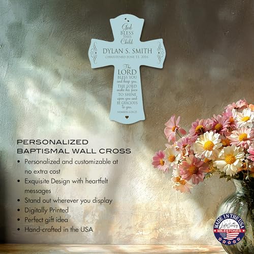 Image of LifeSong Milestones Personalized Baptism 1st Holy Communion Christening Wall Cross Decoration God Bless This Child the Lord Bless You and Keeps You (8.5 inch x 11 inch, Blue)