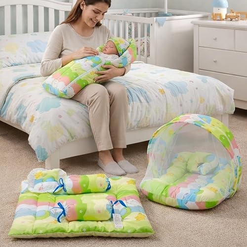 Image of Fareto Combo of Baby Bed with Net | Carry Bag | 4 Pcs Bedding Set (0-6 Months, Baby Size, Cotton) (Grass Green NEW Star)