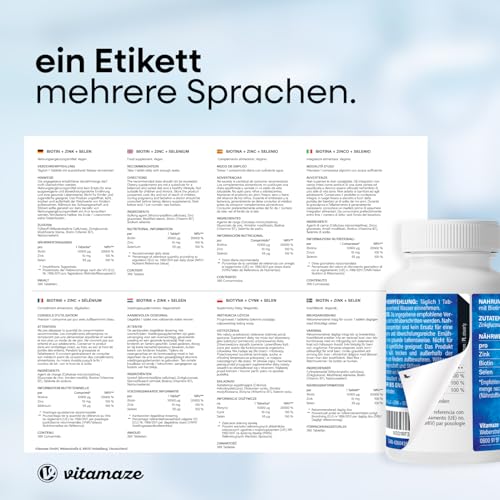 Vitamaze Biotin hochdosiert 10.000 mcg + Selen + Zink für Haare, Haut & Nägel, 365 vegane Tabletten für 1 Jahr, D-Biotin, Nahrungsergänzung ohne Zusatzstoffe, Made in Germany