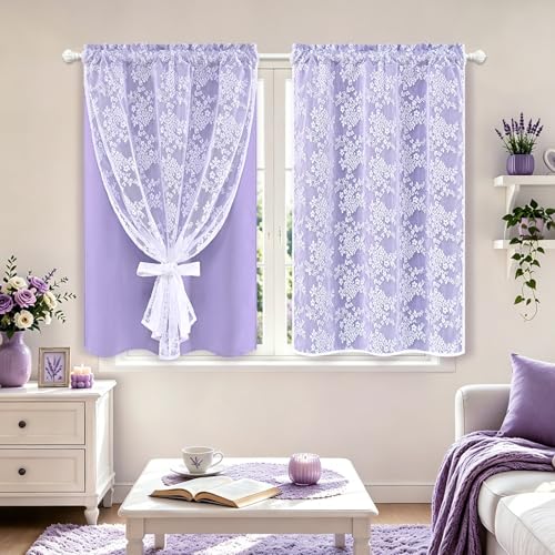 Image of Yinhua Purple Kitchen Curtains 36 Inch Length Double Layer Blackout Curtains with Floral Sheer Overlay Rod Pocket Short Curtain for Windows, Small Window Curtain for Bathroom, Living Room, 2 Panels