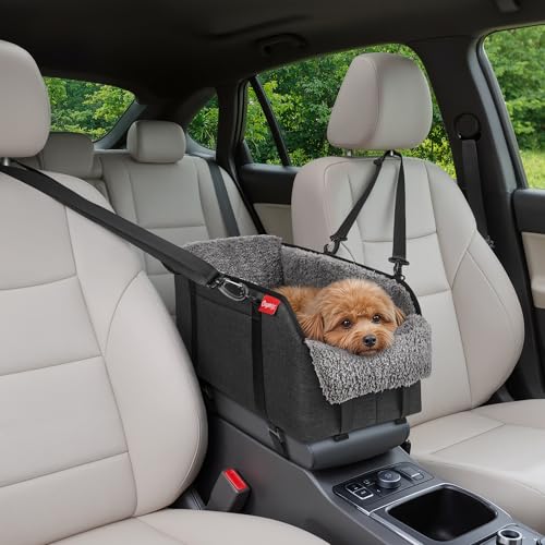 BurgeonNest Center Console Small Dog Car Seat - Portable Pet Cat Puppy Booster Armrest Carseat Up to 11lbs, Anti-Collapse Comfort Car Travel with Washable Fluffy Cushion and Pillow, Grey