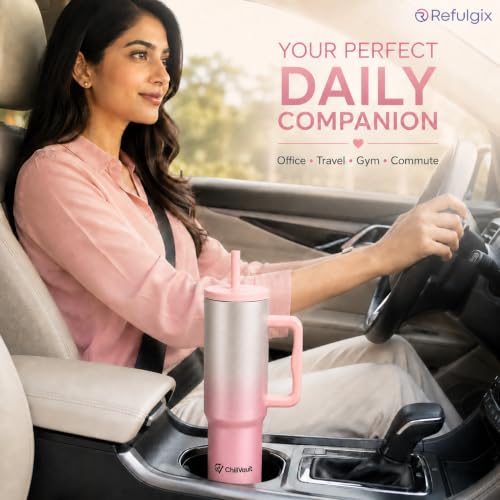Image of REFULGIX ChillVault 1200ML Stainless Steel Tumbler | Double Insulated with Handle & 2 Straws | Leak-Proof Hot & Cold Sipper for Coffee, Travel & Home (Blush Silver)