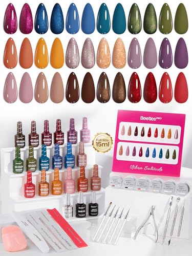 Image of Beetles PRO Gel Polish Set - Urban Solitude Collection, 18 Colors 15ml Full Size Salon Nails Kit with Base Coat, Glossy & Matte Top Coats, 6 Painting Gel For Nails & Tools, UV Nail Lamp Cure Needed