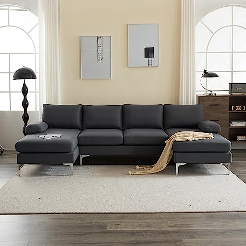 VERYKE Modern U-Shaped Sectional Sofa Couch for Living Room, 110'' Linen Fabric Couch Sofa, Upholstered Sofa Bed with Metal Legs for Home Office