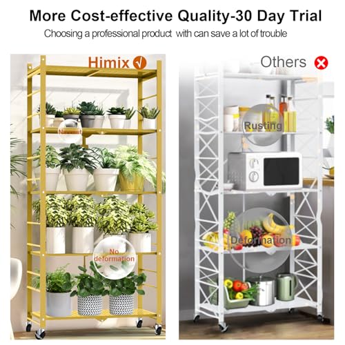 Image of Himix 5-Tier Foldable Storage Shelves with 20 Hooks Wheels Bookshelf Gold