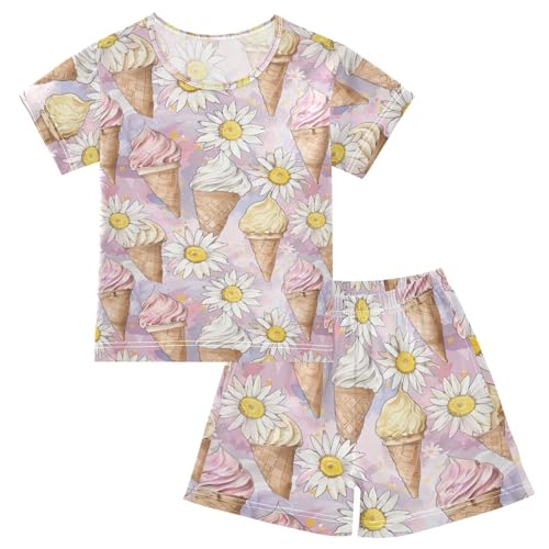 ALAZA Daisies Flowers Ice Creams Pajama Set Short Sleeve Sleepwear Soft Lounge Nightwear