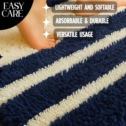 Image of VAS COLLECTIONS Microfiber Solid & Striped Anti-Skid Bath Mats - Pack of 2 (Blue & White, 35x50 cm)