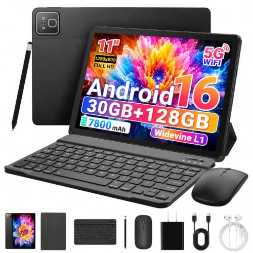 Image of 11 Inch 2 in 1 Android 16 Tablet with Keyboard Mouse Pen Case, 30GB RAM 128GB 1TB Expandable, 7800mAh Battery, HD Screen Widevine L1, Dual Cameras Face Unlock, WiFi 6 BT 5.4 Tablets Bundle