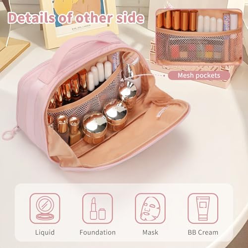 OCHEAL Travel Makeup Bag - Wide Open Flat Cosmetic Bag Organizer with Handle Portable Lightweight Toiletry Bag for Women's Girls Essentials Skincare Accessories-Pink3