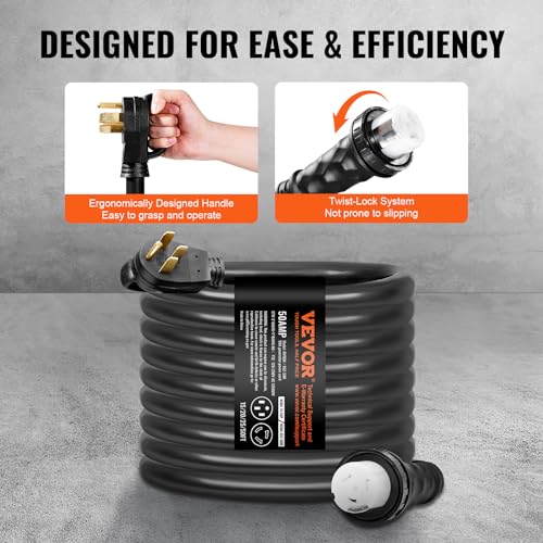 Image of VEVOR 50 Amp Generator Cord and Power Inlet Box Kit, 50FT Generator Extension Cord NEMA 14-50P /SS2-50R STW 6 /3+8 /1 AWG with Twist Lock Connector, Pre-Drilled Inlet Box, ETL Listed