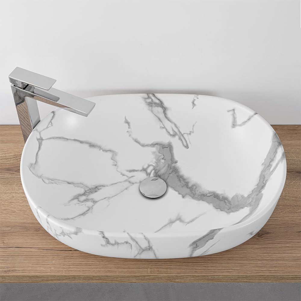 Lavabo Da Appoggio Ovale 60x41 Cm Dal Design Moderno In Ceramica Dall’Effetto Marmorizzato Bianco Linea Tokyo