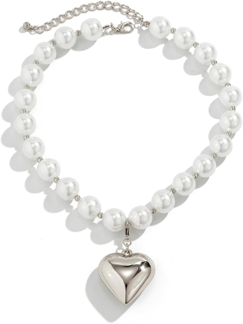 Heart Necklaces for Women Gold Chunky Heart Necklace Pearl Beads Choker Necklaces Y2k Necklace Trendy Jewelry Accessories Gifts