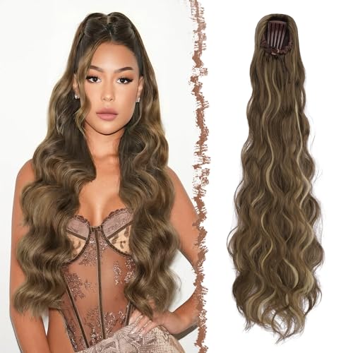 FESHFEN 75 cm Coda Cavallo Extension con Coulisse, Lunga Ricci Ondulati Coda Capelli Extension Sintetici Pettini Clip in Capelli Posticci, Coda di Cavallo Naturale per Donna - Castano Chiaro e Biondo