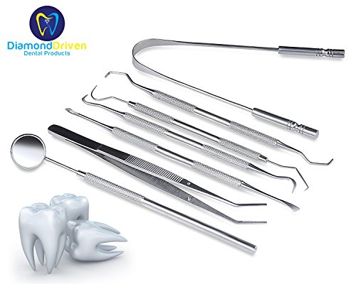 Ultimate Dentist Prepared 7 Tools Deluxe Kit Dental Floss Gum Floss Toothpicks Dental Hygiene Kit Set Dental Instruments High Grade Stainless Steel Tarter with Tongue Cleaner by Diamond Driven