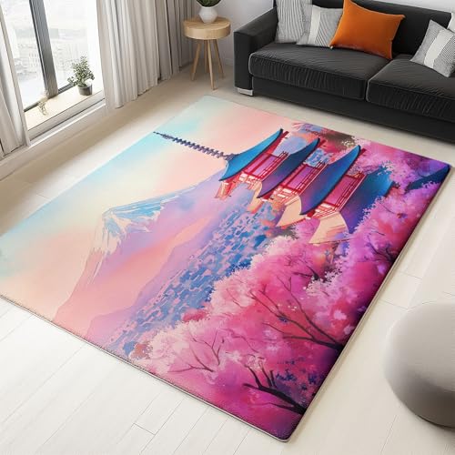 alfombras largas para pasillos TPR antideslizante Tejido denso, Alfombra Seguras duraderas y cómodas Suave Montañas Nevadas Pagodas Flores Oriental, para habitaciones infantiles 120 x 180 cm Rosa