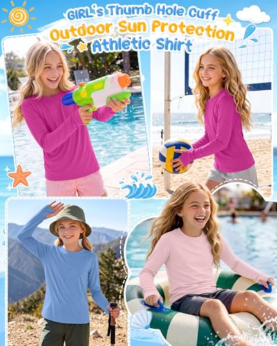 Image of 3 Pack Girls' Rash Guard Swim Long Sleeve Shirt UPF 50+ UV Sun Protection Quick Dry Tee with Thumb Holes 5-14Y