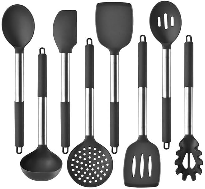 8 piece Set of Stainless Steel Tube Handle Silicone Kitchenware for Kitchen Cooking Spatulas Spoons