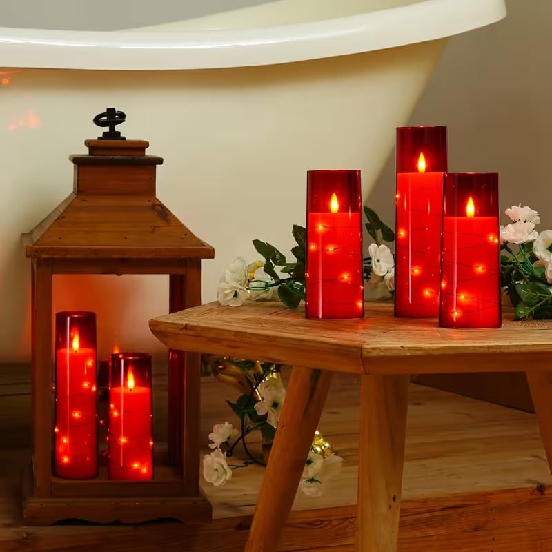 Image of Enido 10 Pc Flameless LED Candles with Remote & Timer, Battery Operated Acrylic Pillar Set, Flickering Electric Lights with Embedded Star String for Cozy Home & Holiday Romantic Decor (Red)