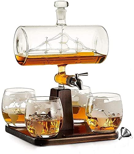 Whisky Karaf Glas Whisky Karaf Met Glazen -1100 Ml Vat Whisky Karaf Alcohol Karaf Set, Met 4 Whisky Glazen, Voor Cognac… - Afbeelding 3