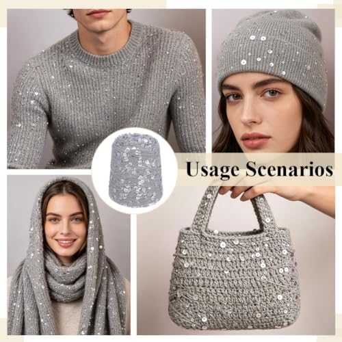 FREEBLOSS 656 Yards Sequin Sparkle Cotton Yarn Silver Metallic Sequin Thread 5 Strands 100% Cotton Sparkling Yarn for Crocheting and Knitting, 200g, 3mm&6mm Sequins - 4