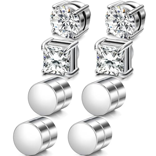 4 Pairs Magnet Earrings for Men - Stainless Steel Round Cubic Non-Piercing Set Magnetic Studs for Women Exquisite Design