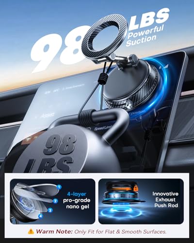 Image of Pro Vacuum Magnetic Car Phone Holder for Magsafe 98+ LBS Strong Suction Cup Phone Mount for Car Dashboard Windshield Screen 360 Adjustable & Foldable Cell Phone Car Mount for iPhone & Android