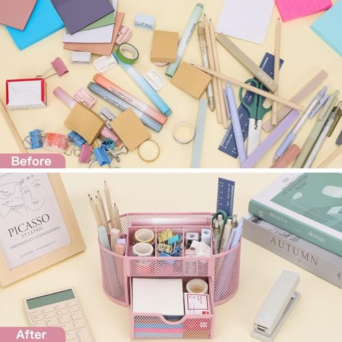 DHGKVK Schreibtisch Organizer,stiftehalter schreibtisch,Mesh Metall Desktop Büro Organizer mit 8 Stifthaltern und 1 Schublade,Es Platz zu Hause, in der Schule oder im Büro sparen. (Rosa)
