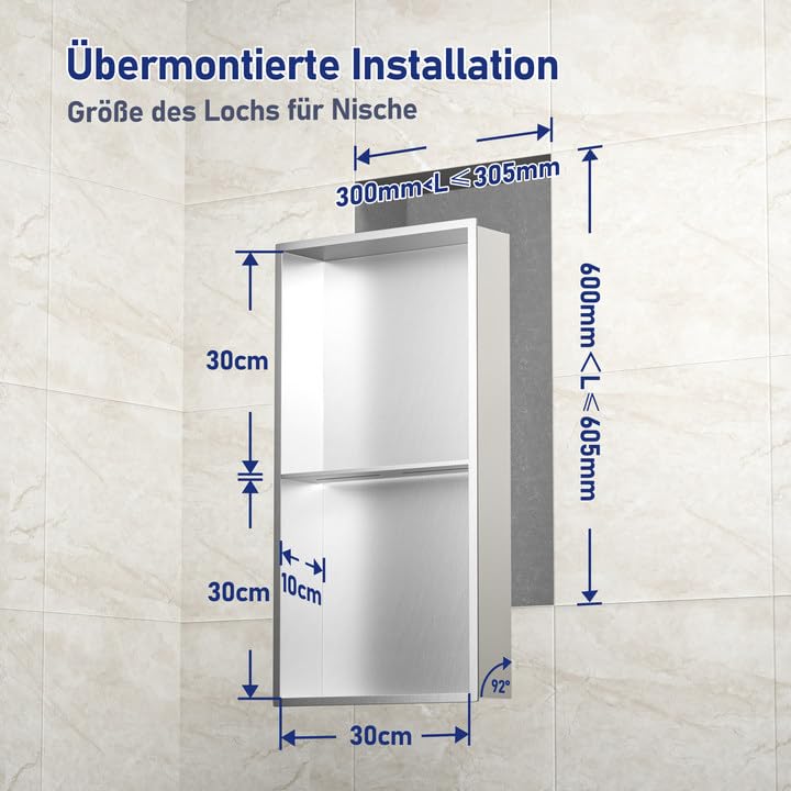 Niche De Douche Encastrable 60x30x10 Cm Acier Inoxydable Blanc - Double Étagères, Sans Carrelage, Rangement Salle De Bain Moderne