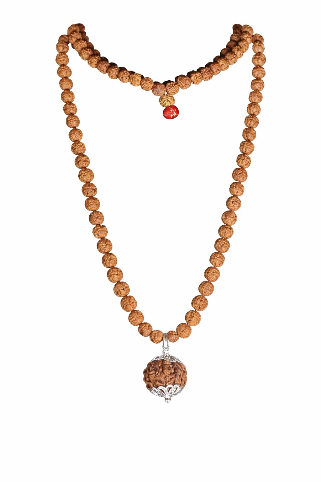 SHIVOHAM 13 Mukhi Guru Mani/Perlen (5 Mukhi Rudraksha Mala 108 + 1 Perlen) Silberkappe – Labor zertifiziert