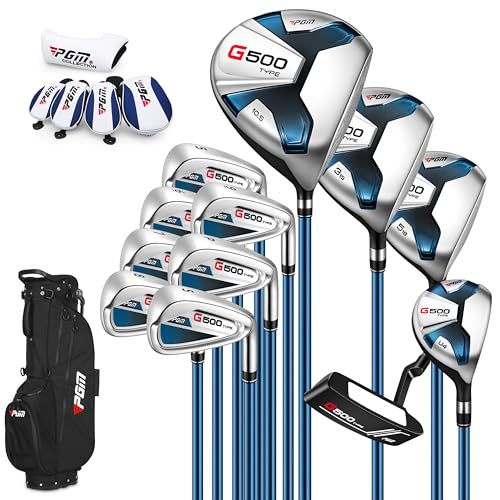 PGM G500 Men’s Golf Club Set – 12 Piece Complete Set with Titanium Driver, Fairway Wood, Hybrid, Stainless Steel Irons, Putter, Stand Bag & Headcovers – Beginner & Intermediate Friendly