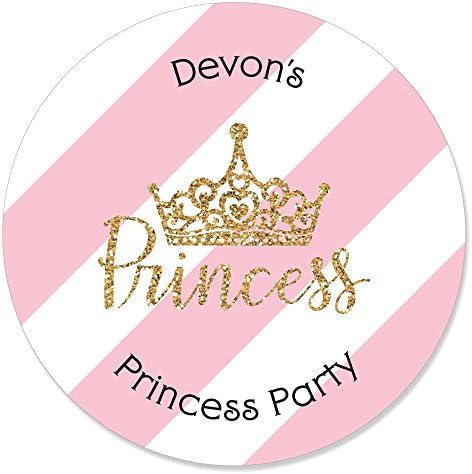 Personalized Little Princess Crown - Custom Pink and Gold Princess Baby Shower or Birthday Party Favor Circle Sticker Labels - Custom Text - 24 Count