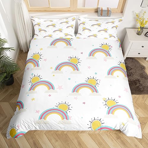 Girls Kids Duvet Cover Set 135x200cm Rainbows Sunshine Bedding Set Decorative Reversible Microfiber Polyester Stripes White Bedding Single Size Comforter Cover with 1Pillow Shams 2 Pieces Zipper - Image 2