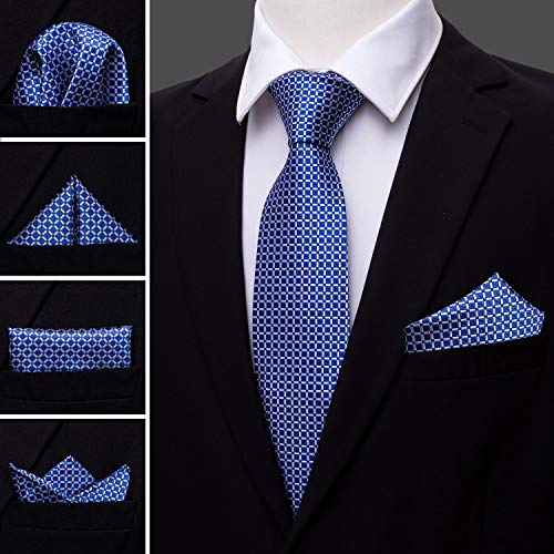 Image of Barry.Wang Mens Tie Set Plaid Check Neckties Formal Business Wedding Luxury Pocket Square Cufflinks